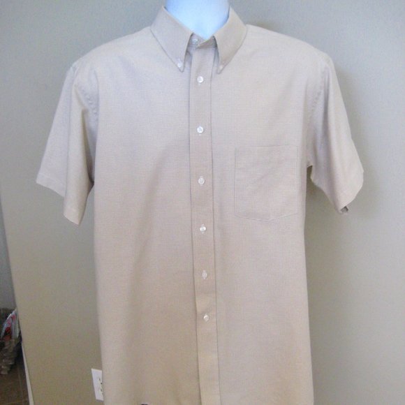 CLAYBROOKE short sleeve Wrinkle Free Tattersall Beige Shirt Size 16-1/2 - EUC - Picture 1 of 8